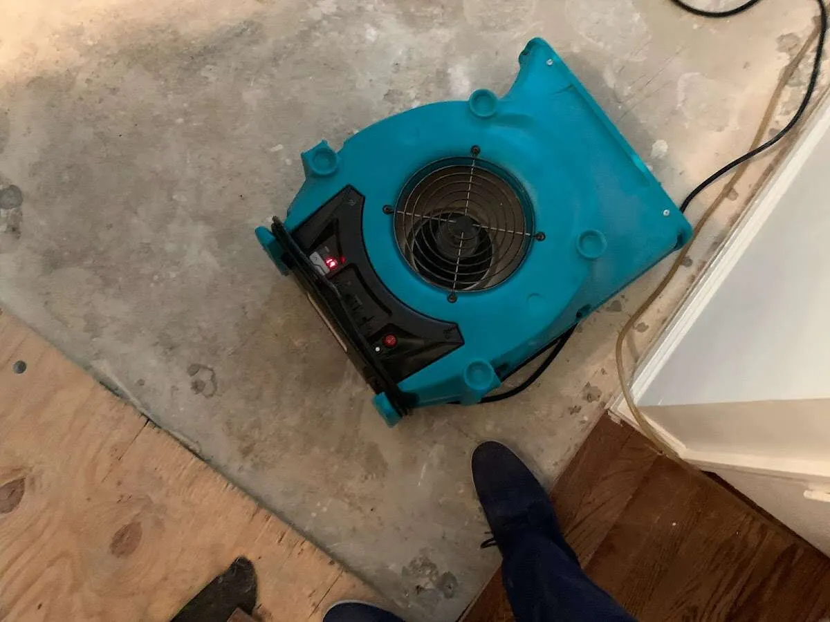 Air mover drying subfloor during Leak Detection & Repair in Kahaluu